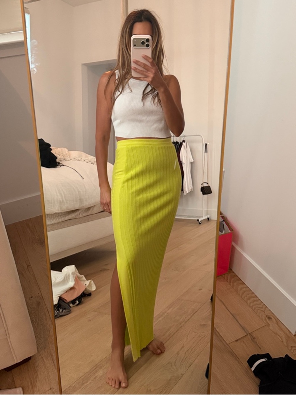 Stateside High-Waist Ribbed Midi Skirt in Lime Green